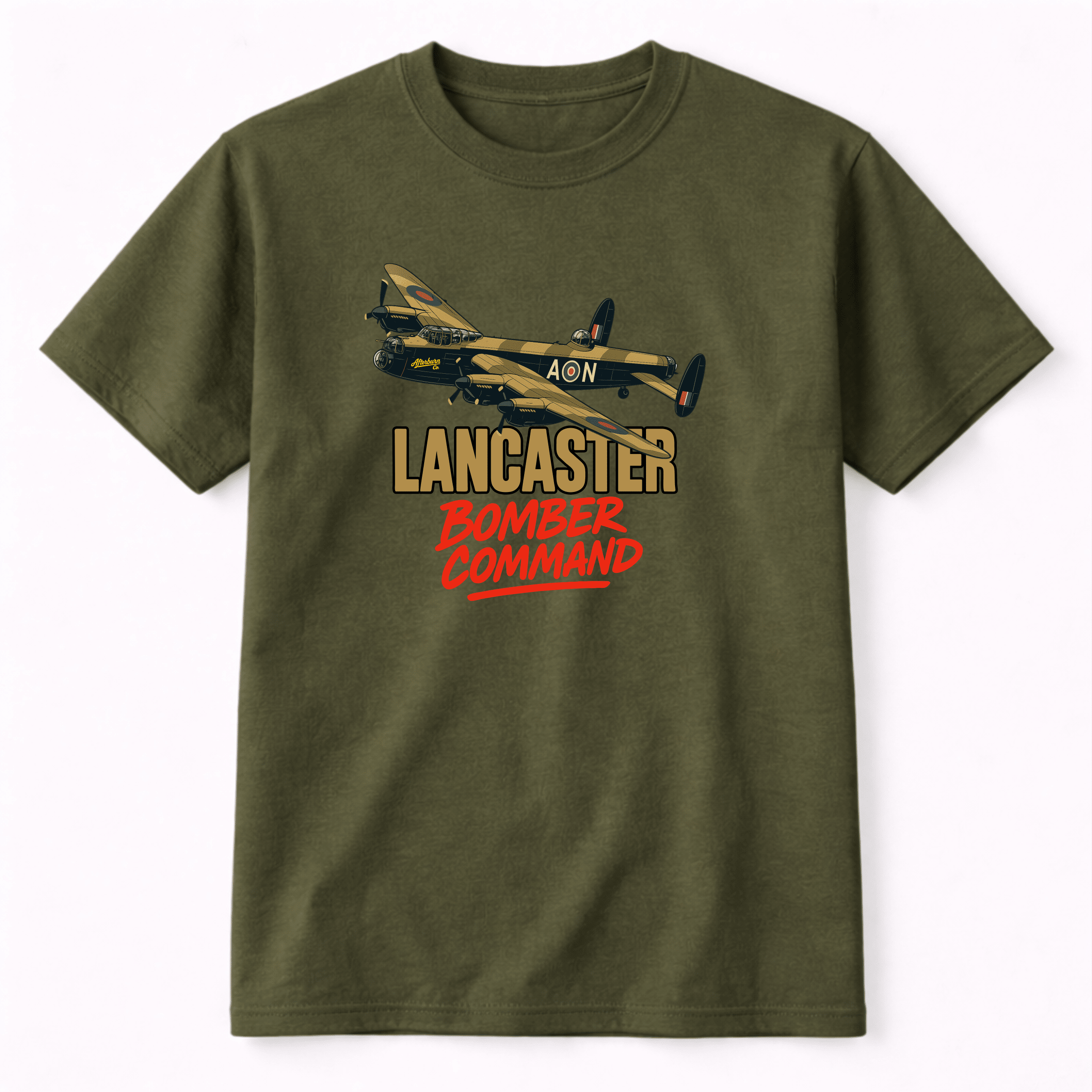 Green t-shirt with a graphic of a Lancaster bomber and red text bomber command on a white background