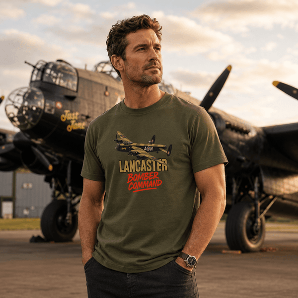 Man wearing a green t-shirt with an airplane design in front of a vintage airplane.