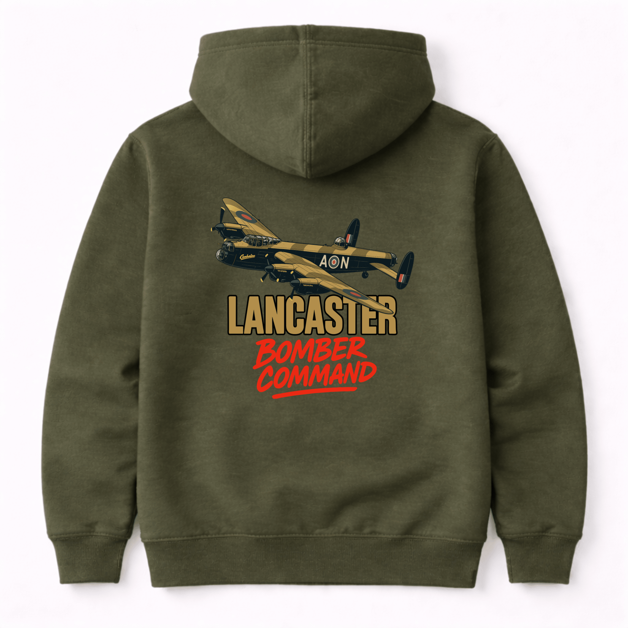 Green hoodie with a Lancaster Bomber Command design on the back