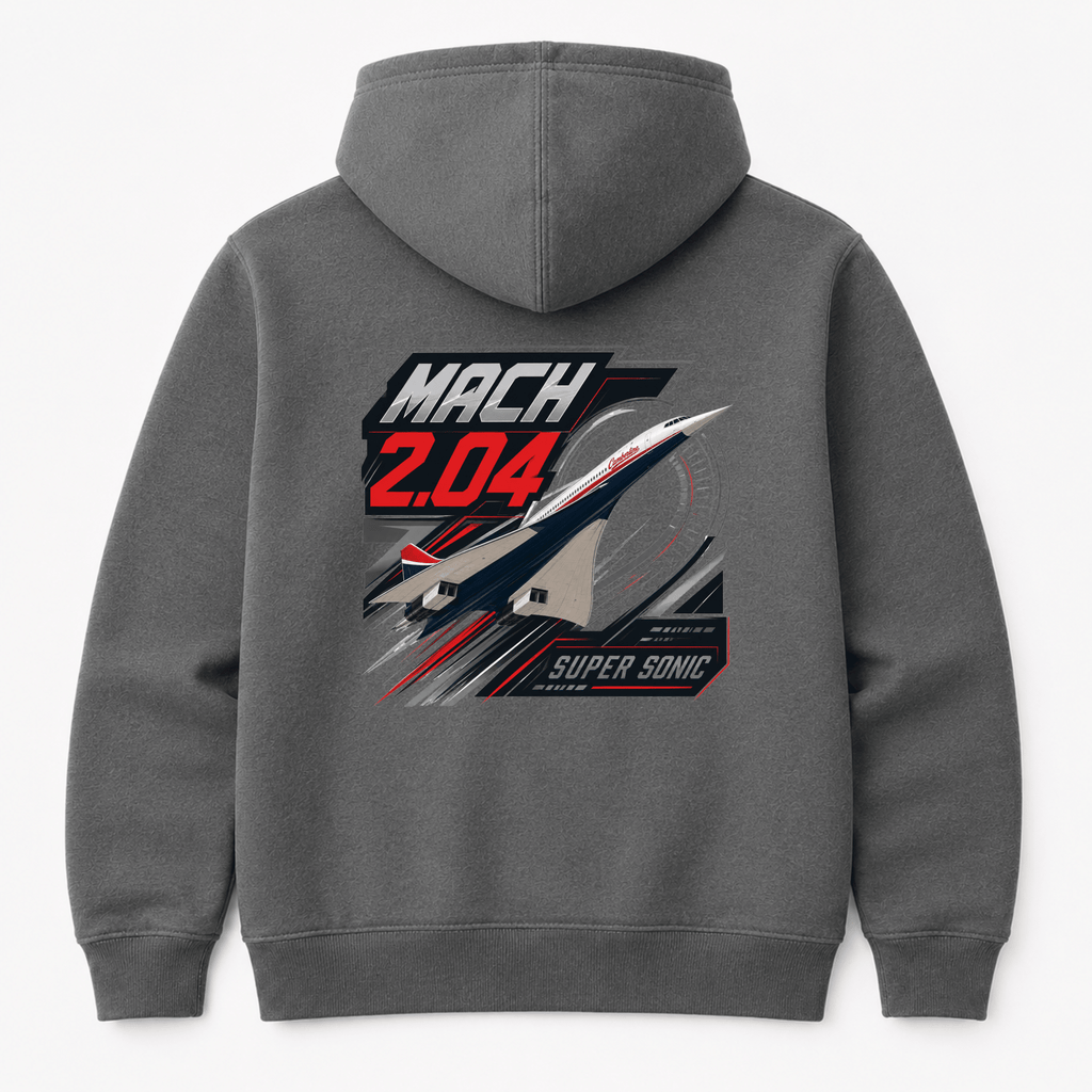 Gray hoodie with a graphic design on the back featuring 'MACH 2.04 SUPER SONIC' text and an airplane illustration.