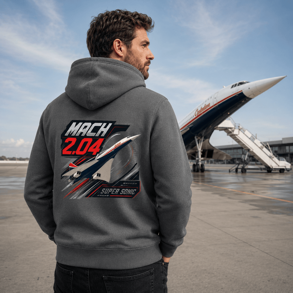 Person wearing a hoodie with an airplane design and text, standing in front of a Concorde airplane.