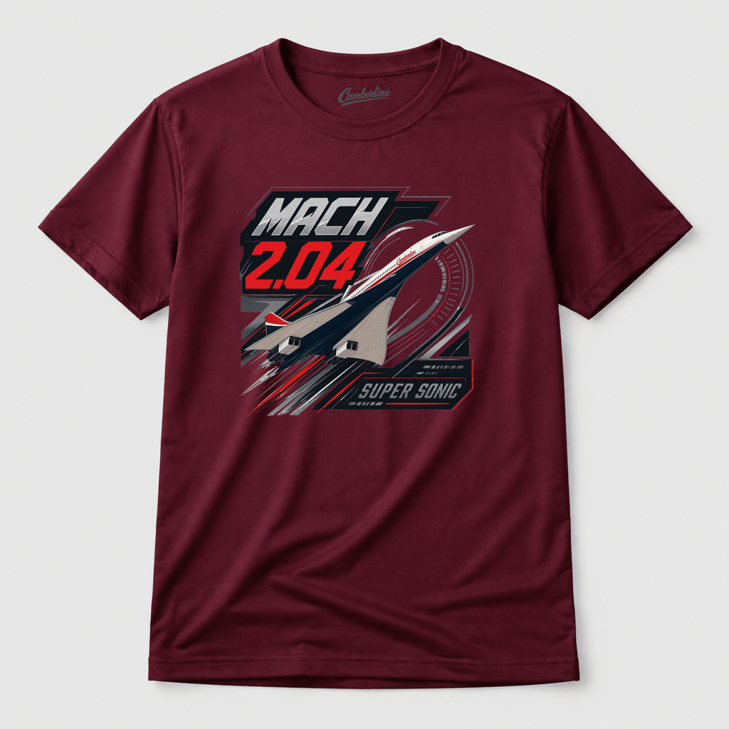 Maroon t-shirt with a supersonic design on a white background