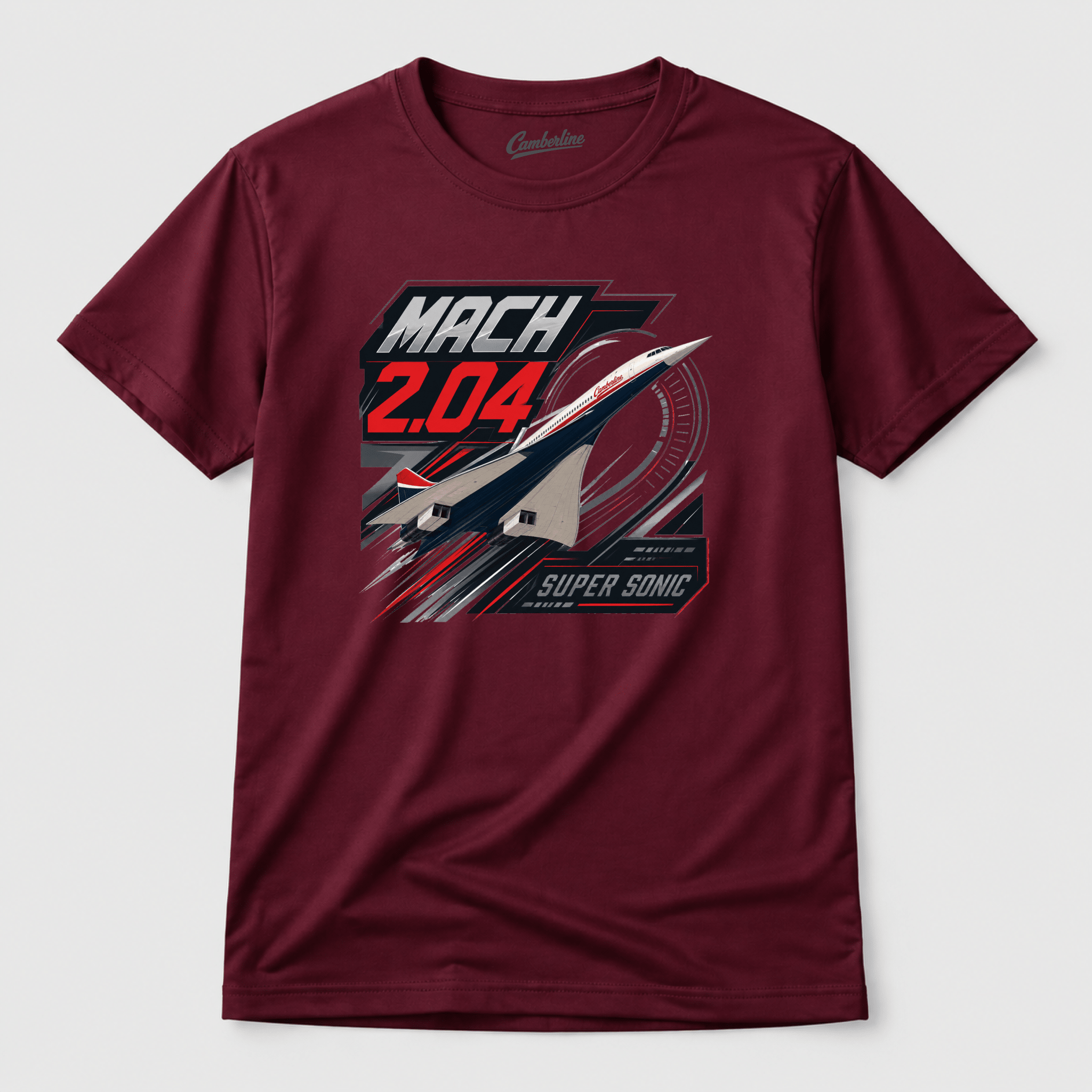 Maroon t-shirt with a supersonic design on a white background