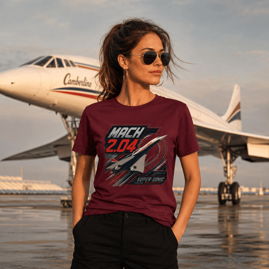 Woman wearing a t-shirt with a supersonic design in front of an airplane