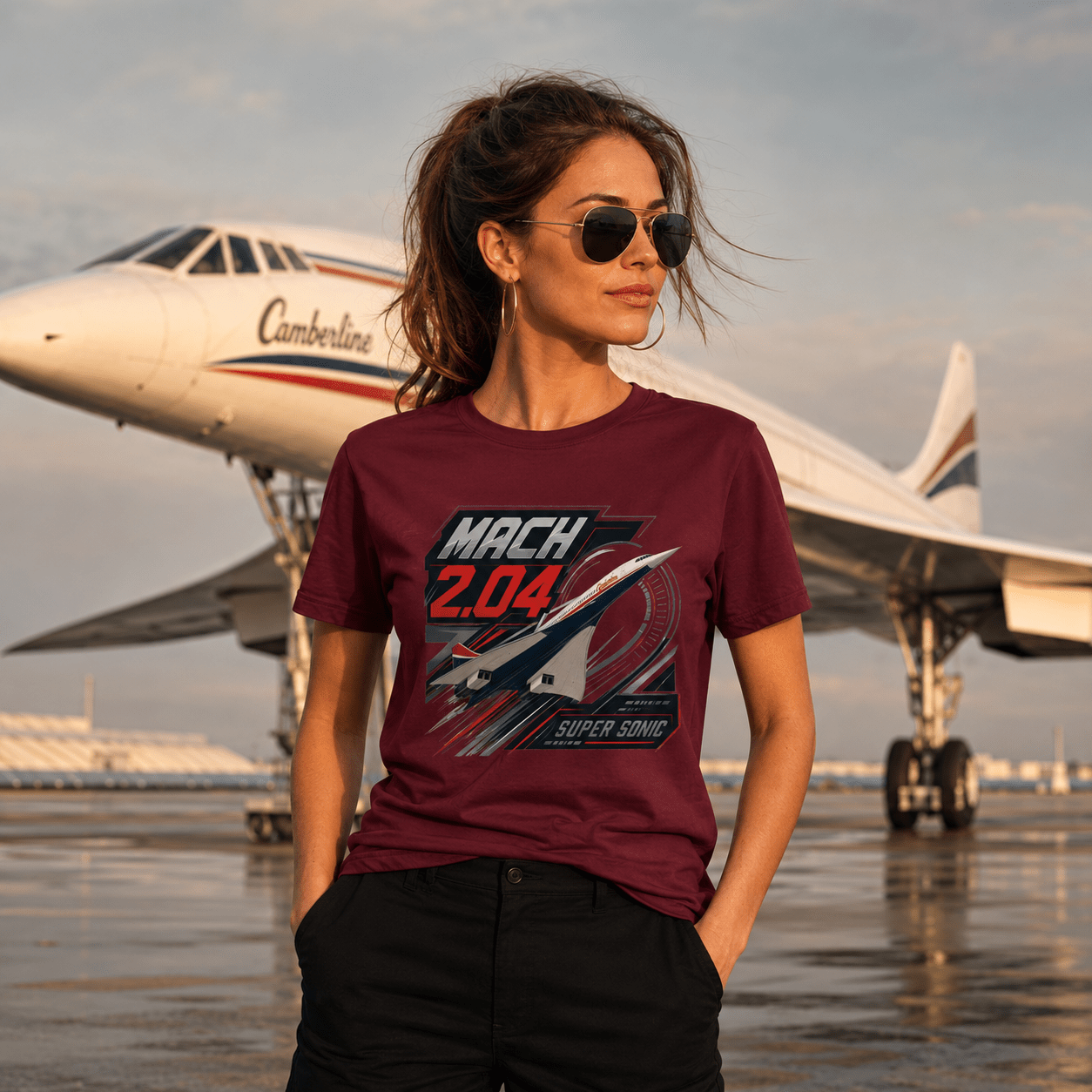 Woman wearing a t-shirt with a supersonic design in front of an airplane