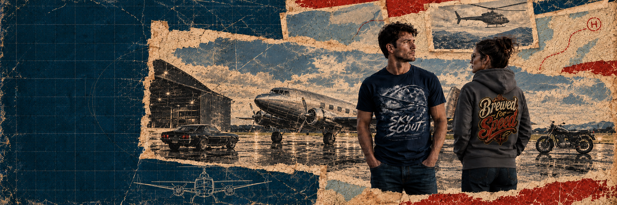 A distressed collage-style promotional graphic featuring two men standing in front of vintage car and aircraft photos, with a dark navy graphic T-shirt and a gray hoodie with orange lettering. The design includes a blue grid background, a red-and-white flag motif, and a grunge texture.