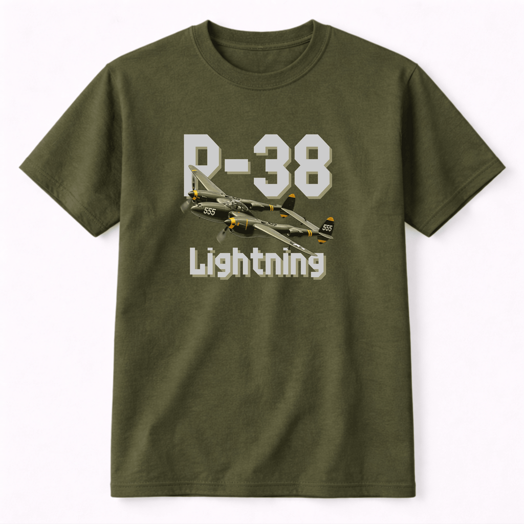 A green t-shirt with 'P-38 Lightning' design in front.