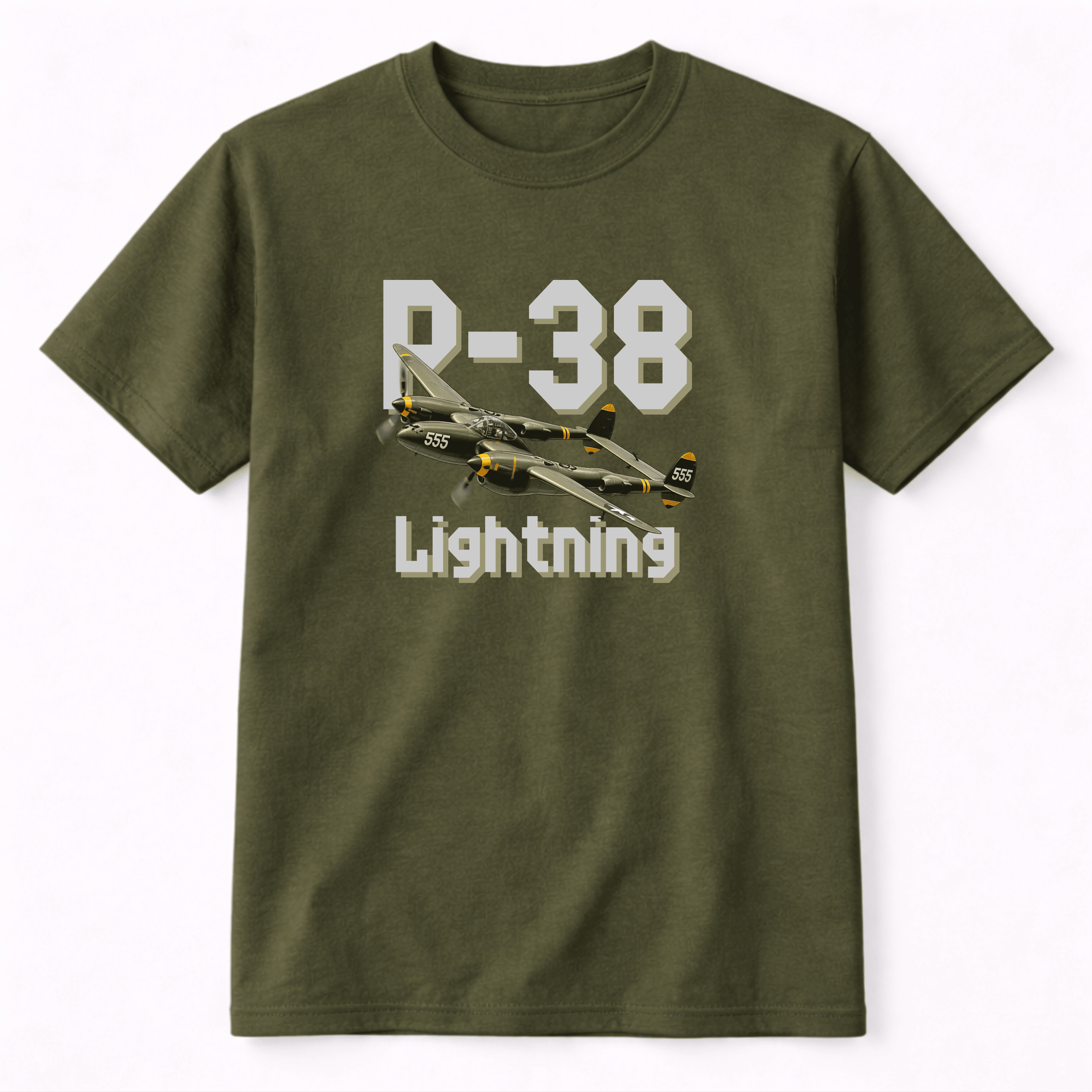 A green t-shirt with 'P-38 Lightning' design in front.
