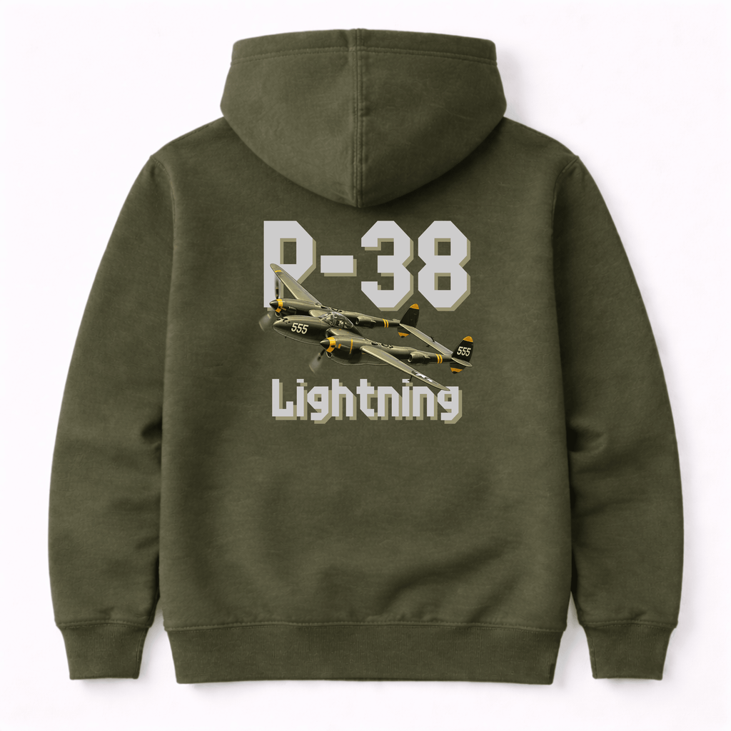 Green hoodie with P-38 Lightning graphic on the back against a white background