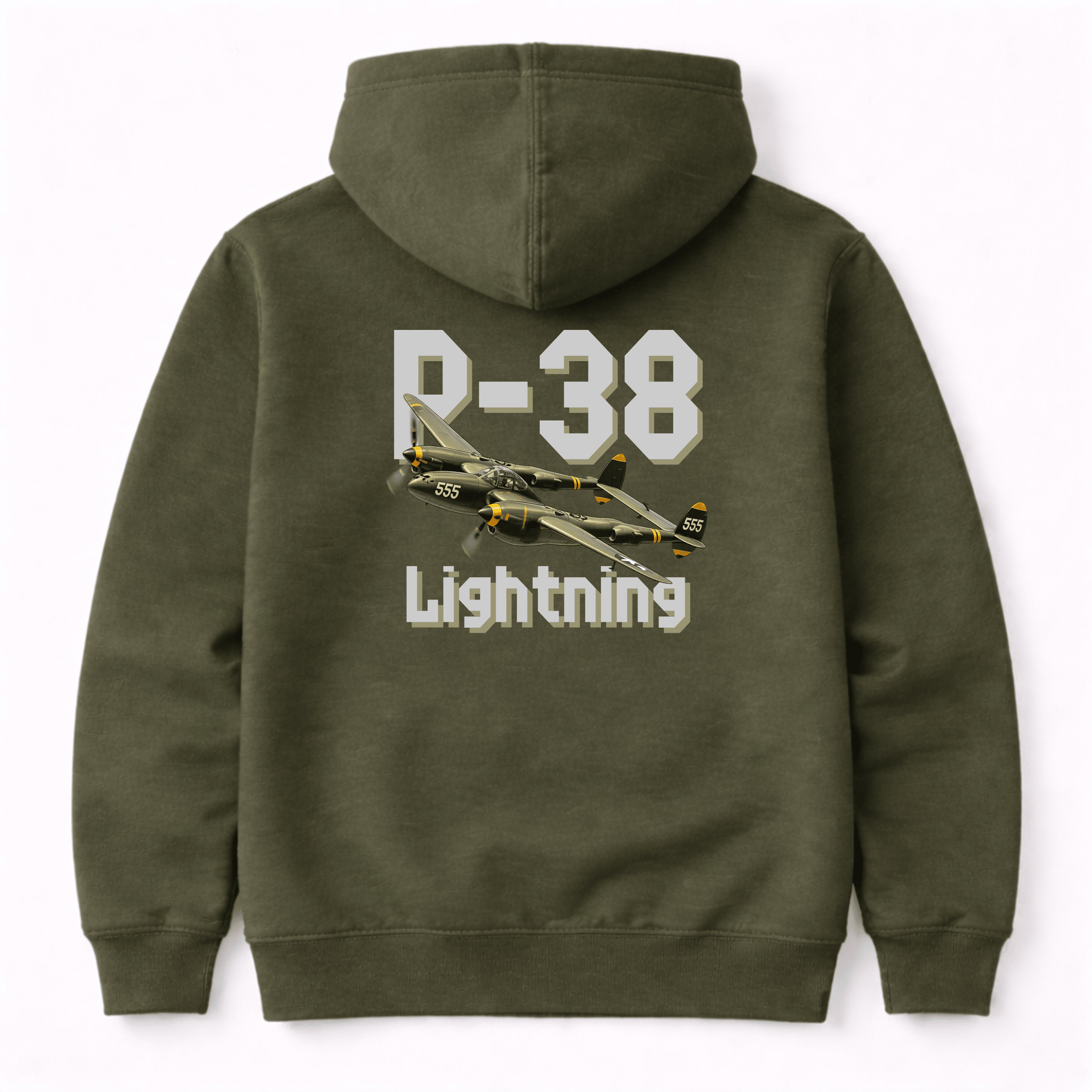 Green hoodie with P-38 Lightning graphic on the back against a white background
