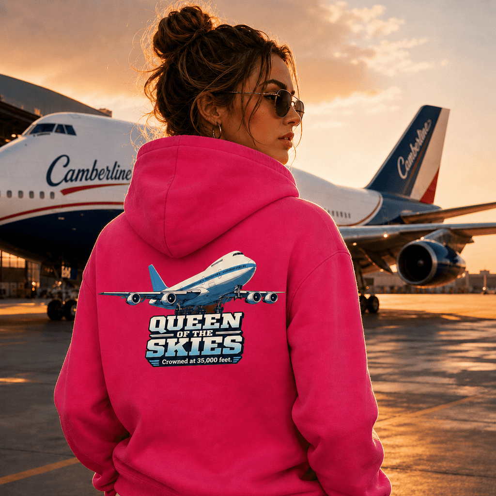 Person wearing a pink hoodie with an airplane design and 'Queen of the Skies' text, standing in front of a Camberline airplane.