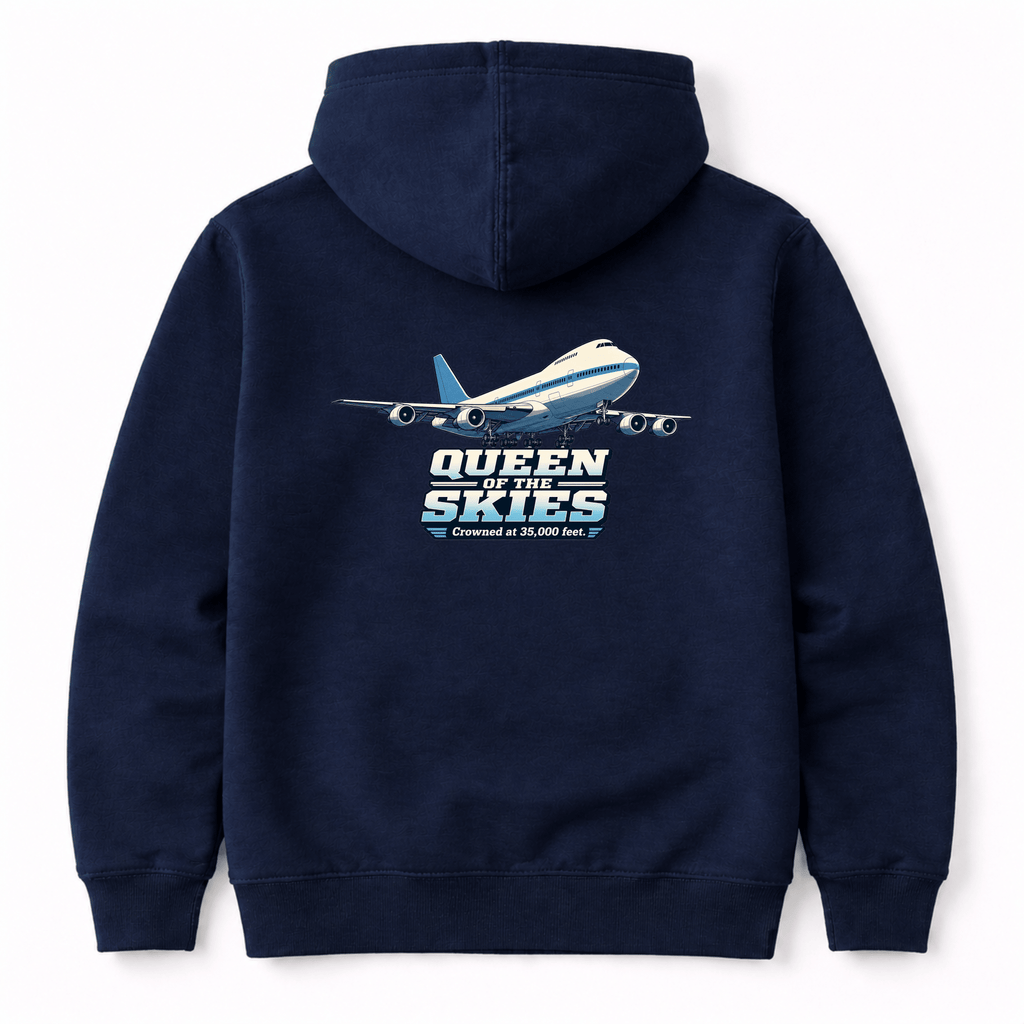 Navy blue hoodie with airplane graphic and 'Queen of Skies' text on the back, on a white background.