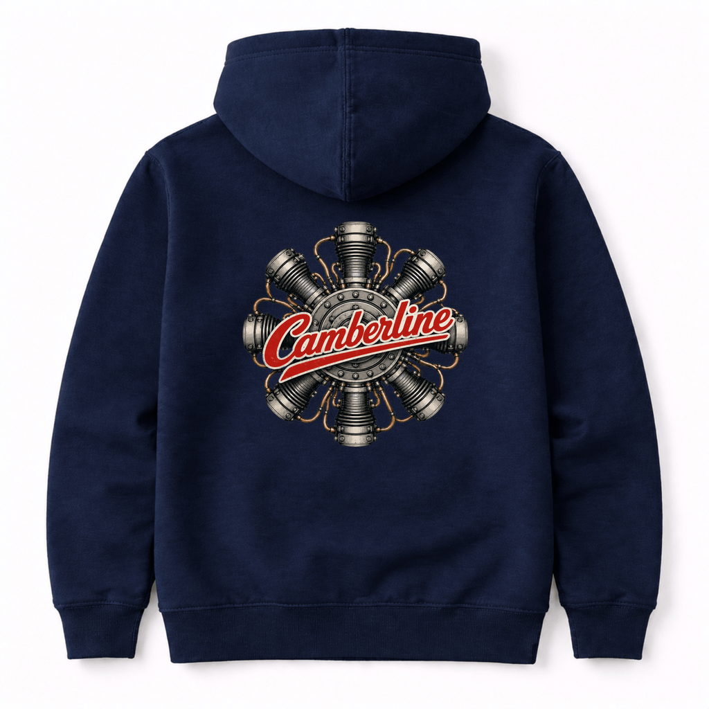 Navy blue hoodie with red Radial Engine Camberline graphic print logo on back