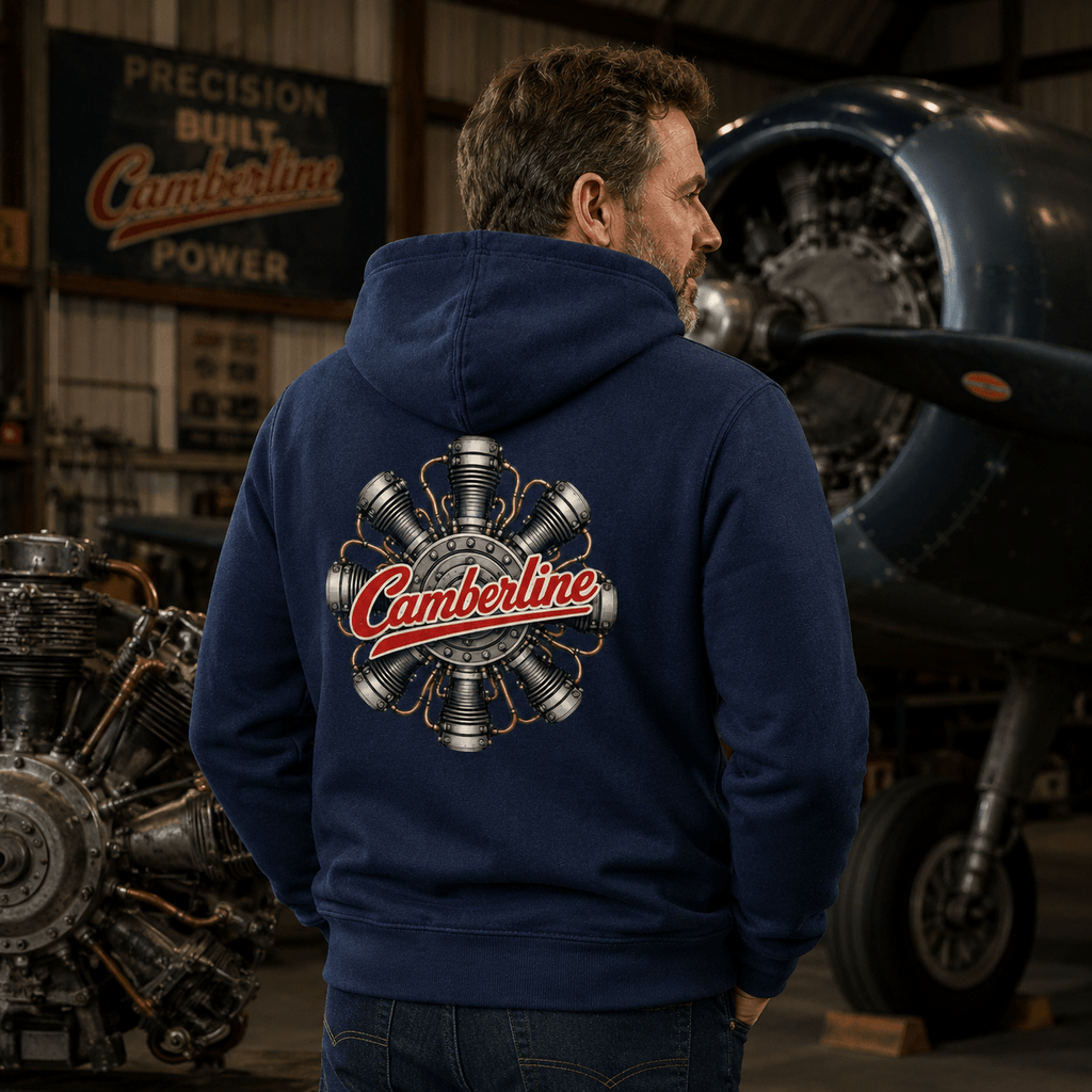 Man wearing Navy blue hoodie with red Radial Engine Camberline graphic print logo on back