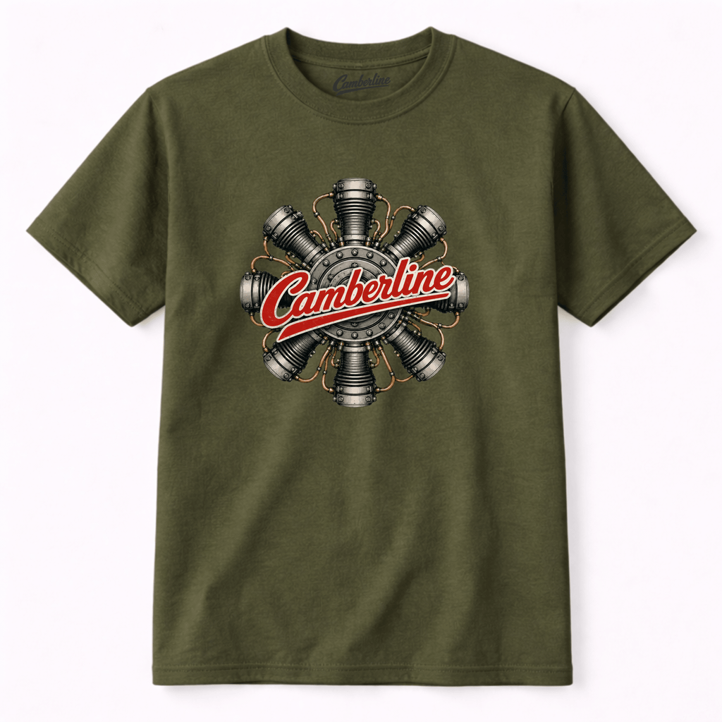 Khaki green Camberline t-shirt featuring a circular radial aircraft engine graphic and aviation text.