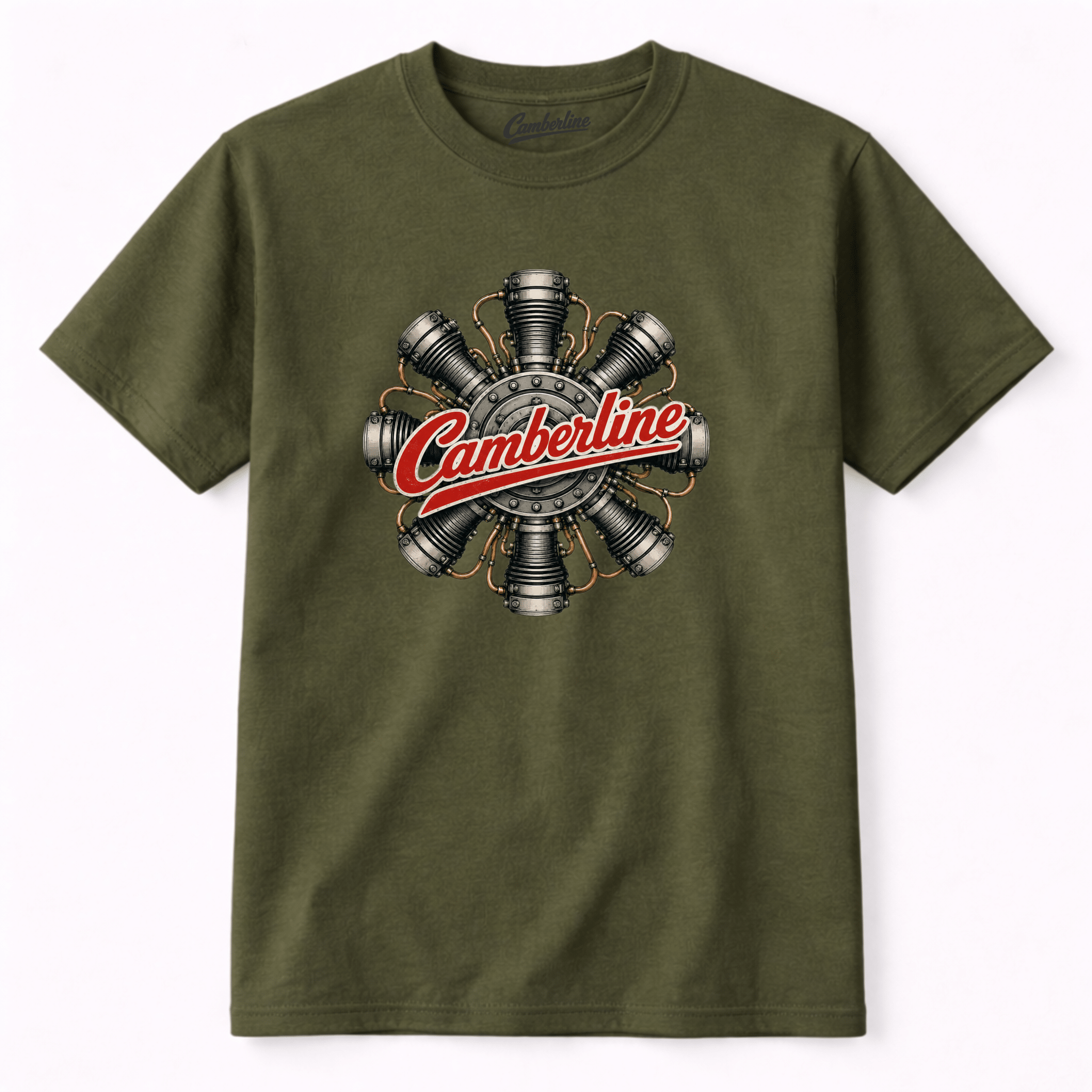 Khaki green Camberline t-shirt featuring a circular radial aircraft engine graphic and aviation text.