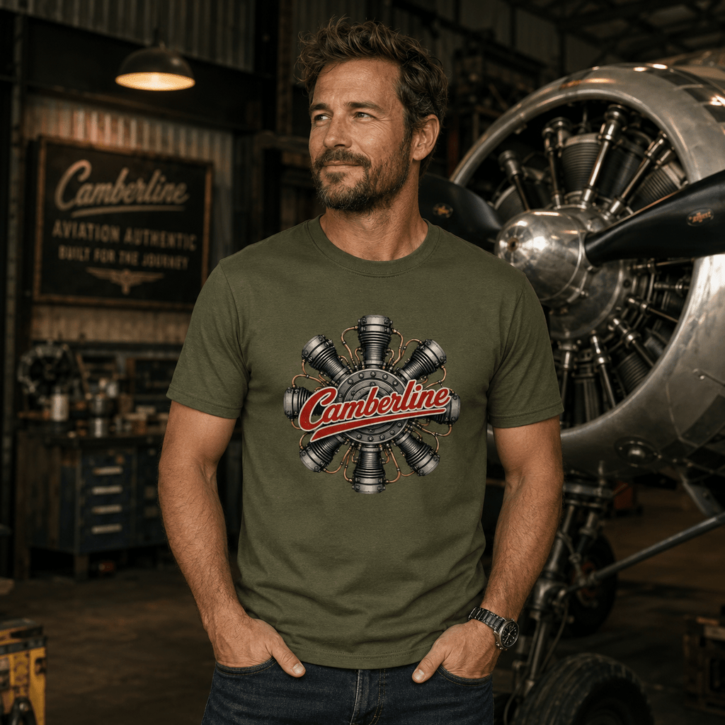 Man in hangar wearing a khaki green Camberline t-shirt featuring a circular radial aircraft engine graphic.
