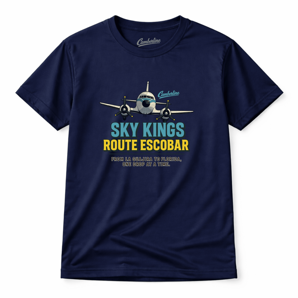 Navy blue t-shirt with airplane graphic and text on a white background