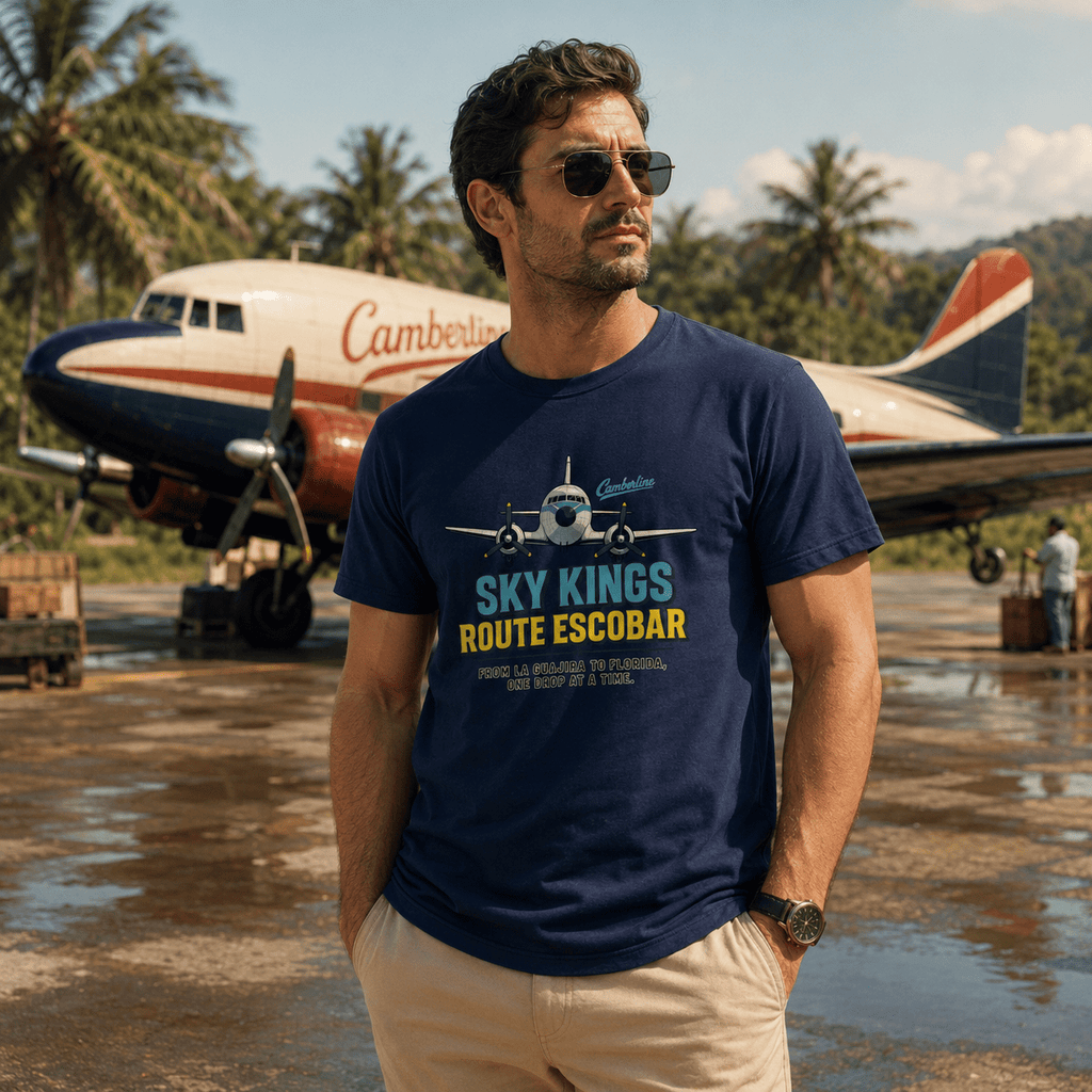 Man wearing a 'Sky Kings Route Escobar' t-shirt in front of an airplane on a runway.