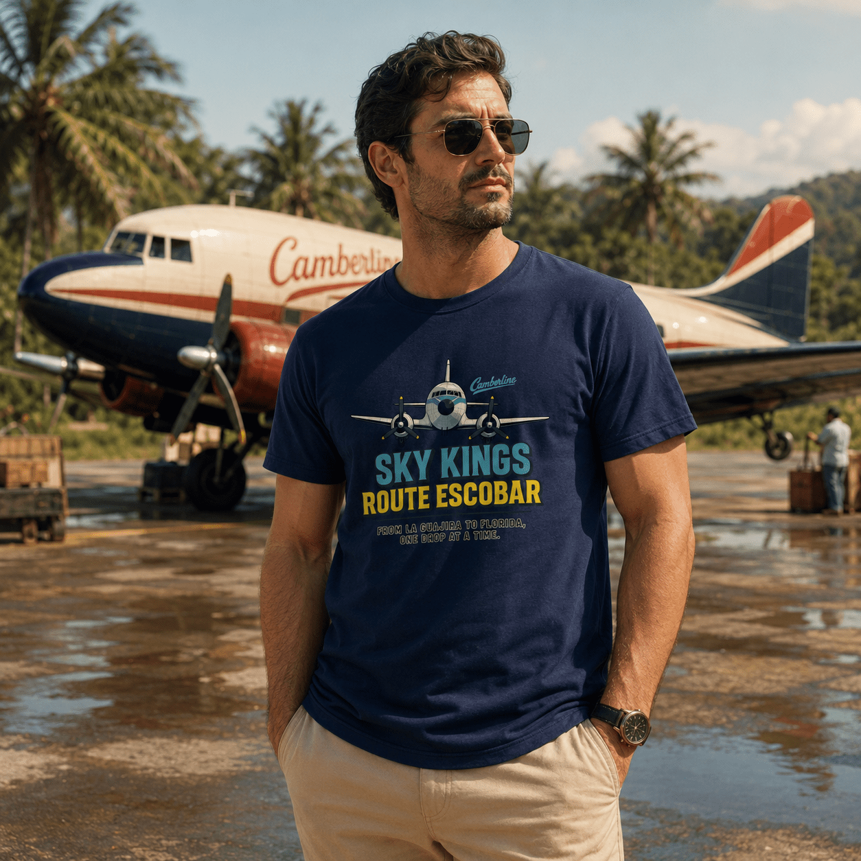 Man wearing a 'Sky Kings Route Escobar' t-shirt in front of an airplane on a runway.