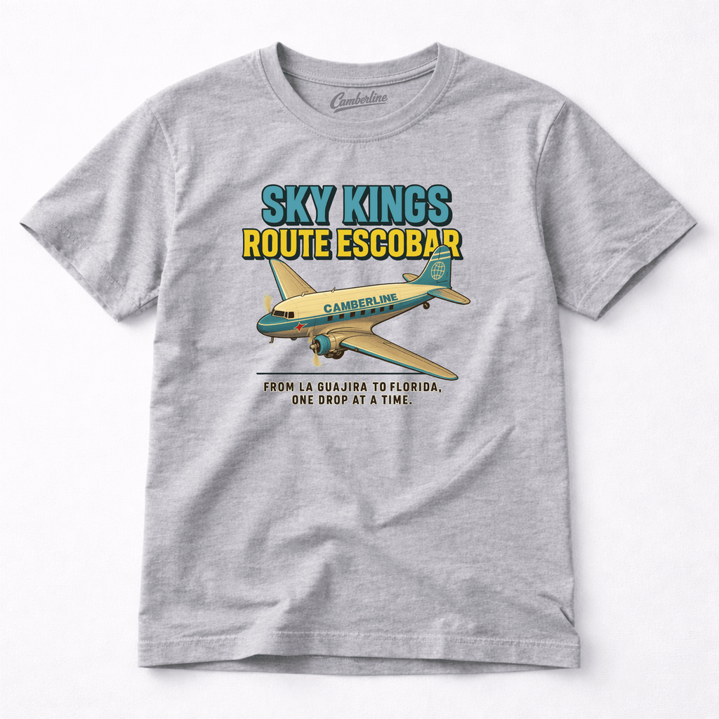Gray t-shirt with airplane graphic and text on a white background