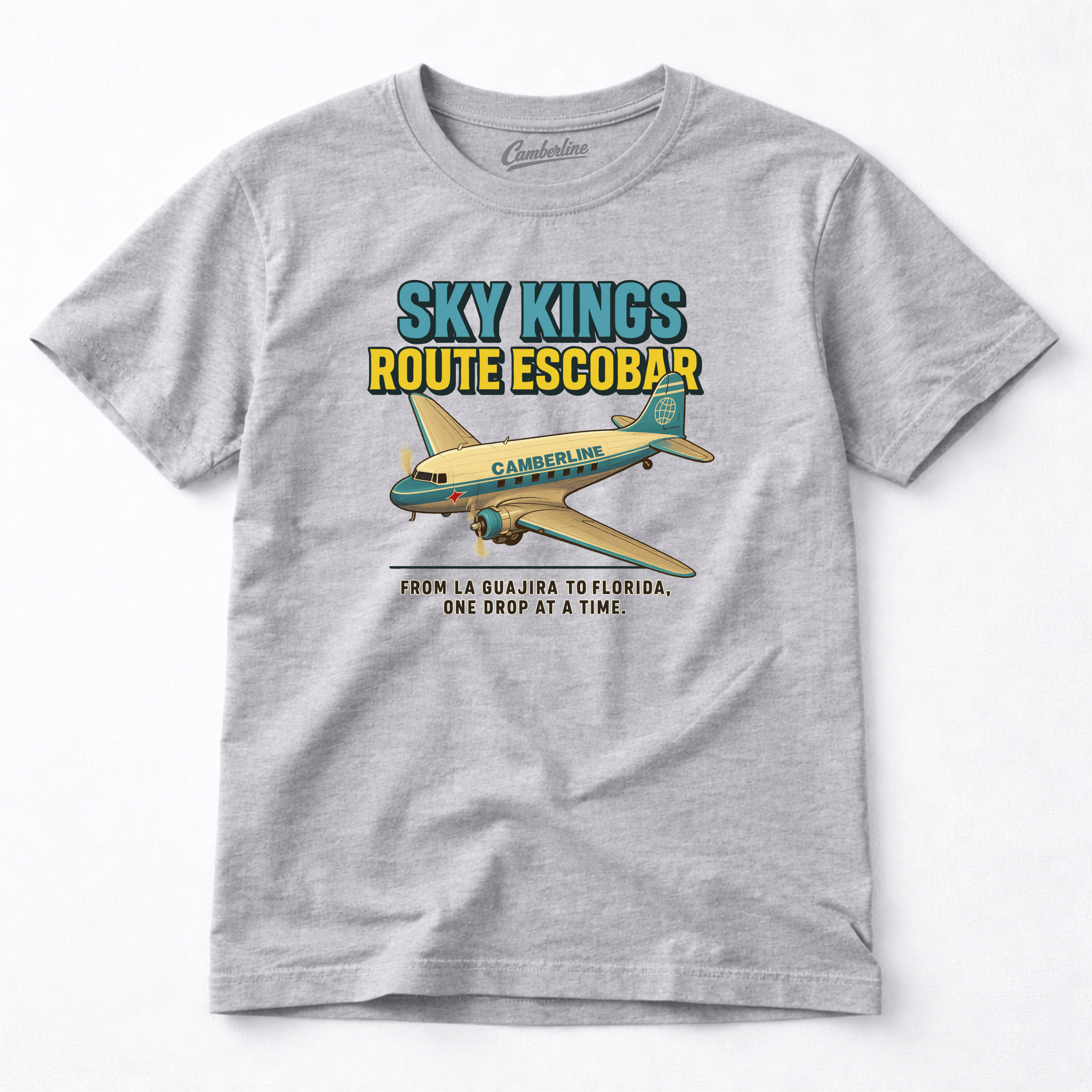 Gray t-shirt with airplane graphic and text on a white background