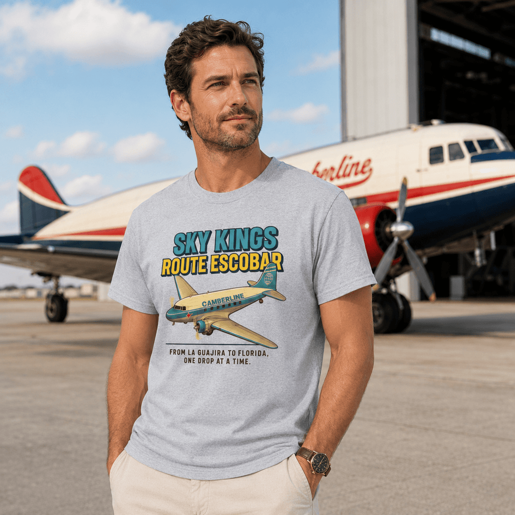 Man wearing a t-shirt with 'Sky Kings Route Escobar' design in front of an airplane.