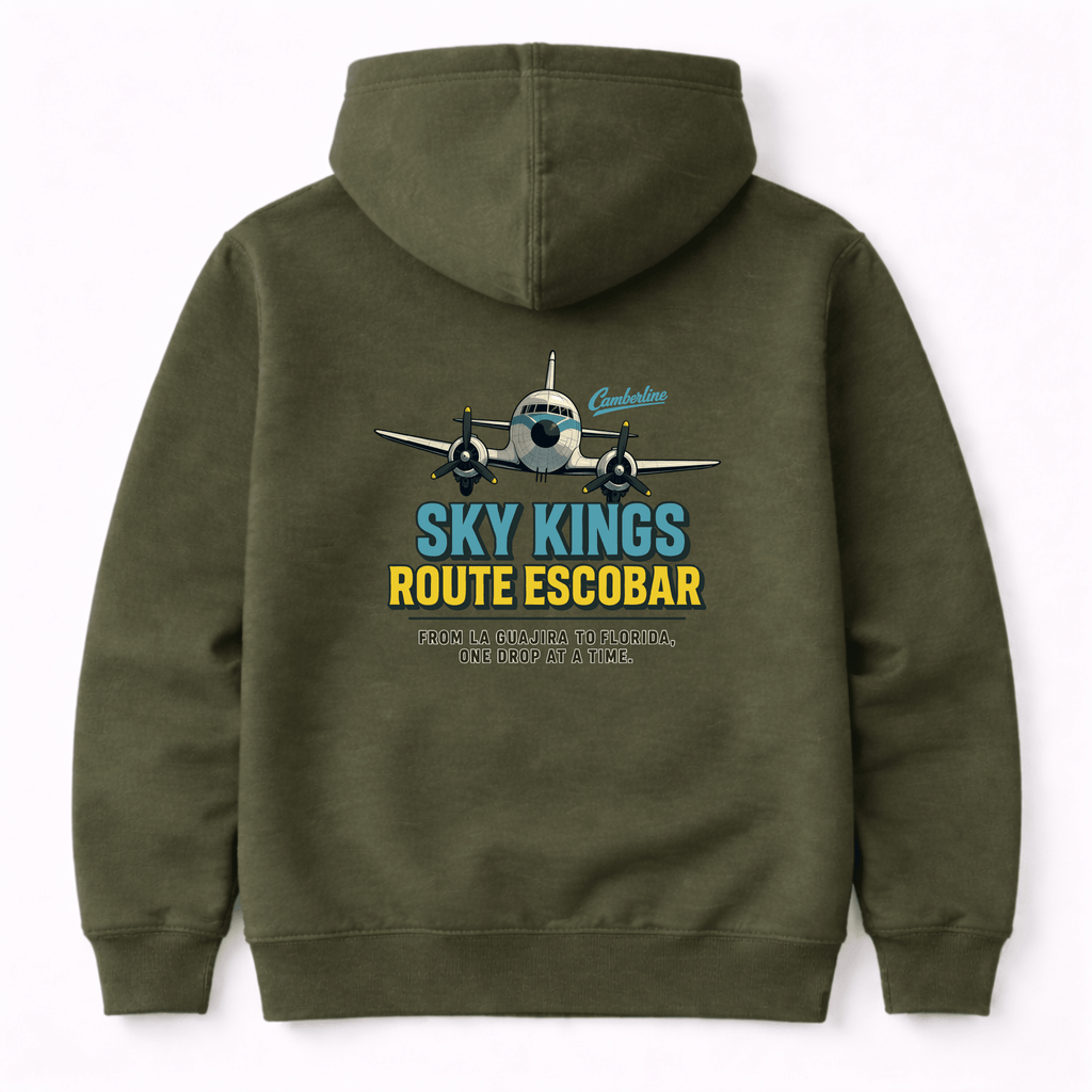 Green hoodie with airplane graphic and text on the back against a white background