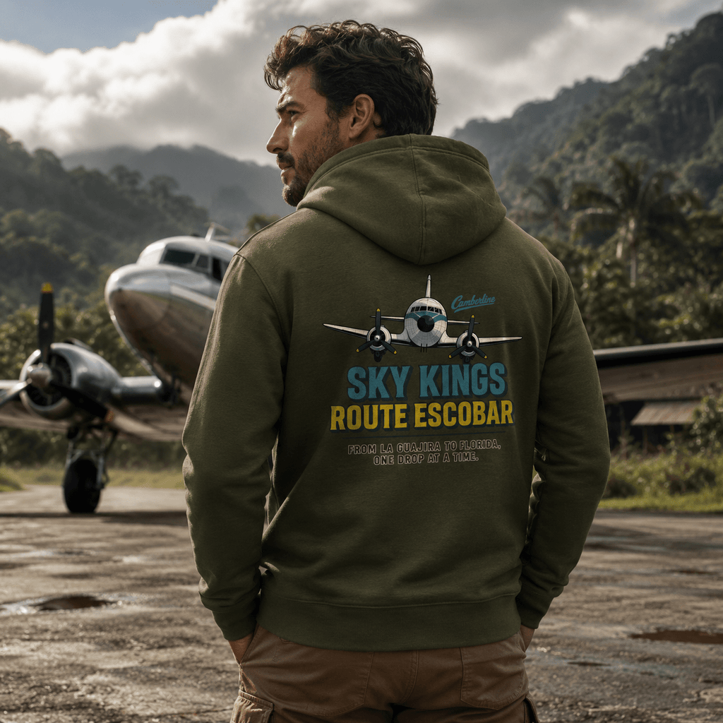 Man wearing a hoodie with 'Sky Kings Route Escobar' design, standing on an airstrip with an airplane in the background.