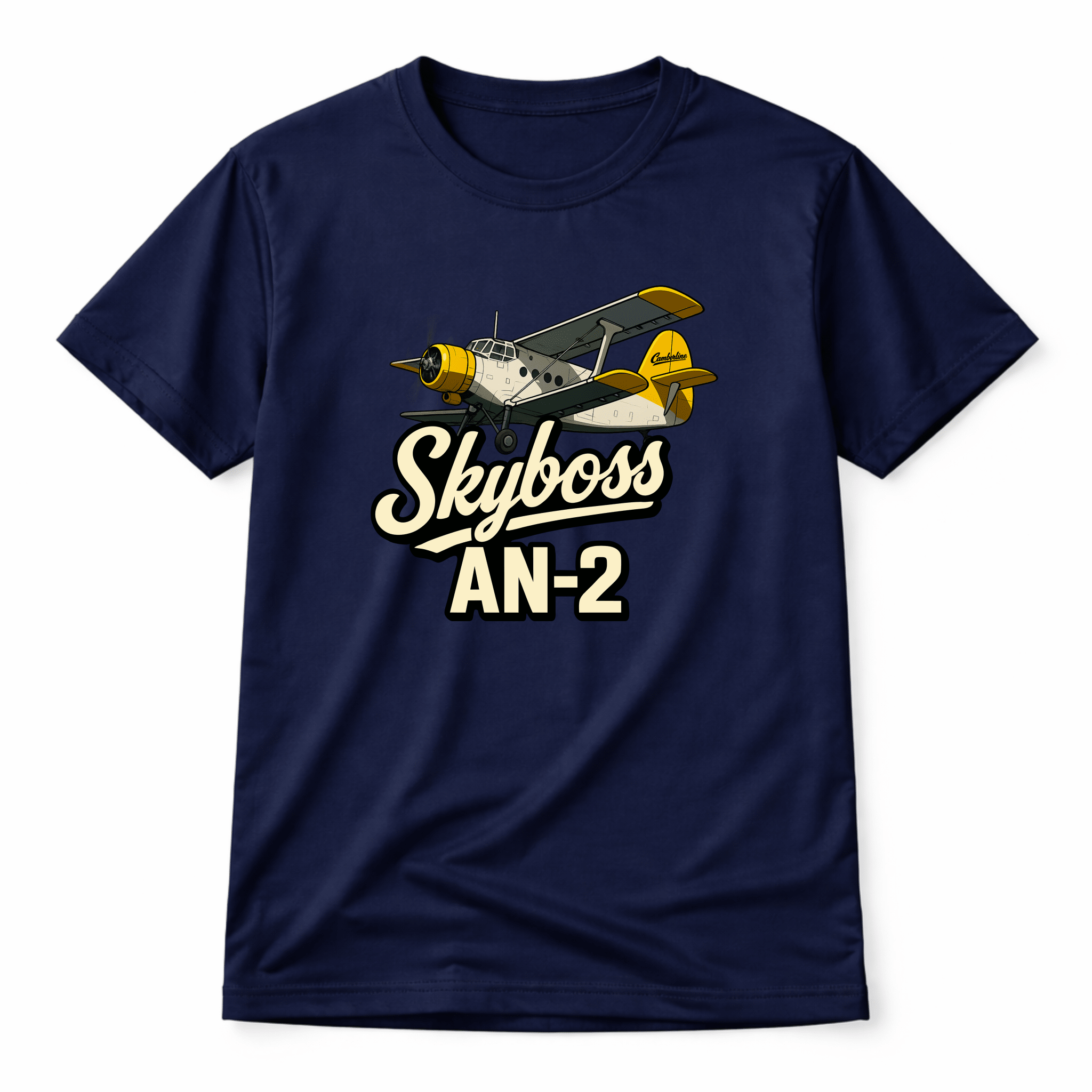 Navy blue t-shirt with airplane graphic and 'Skyboss AN-2' text on a white background
