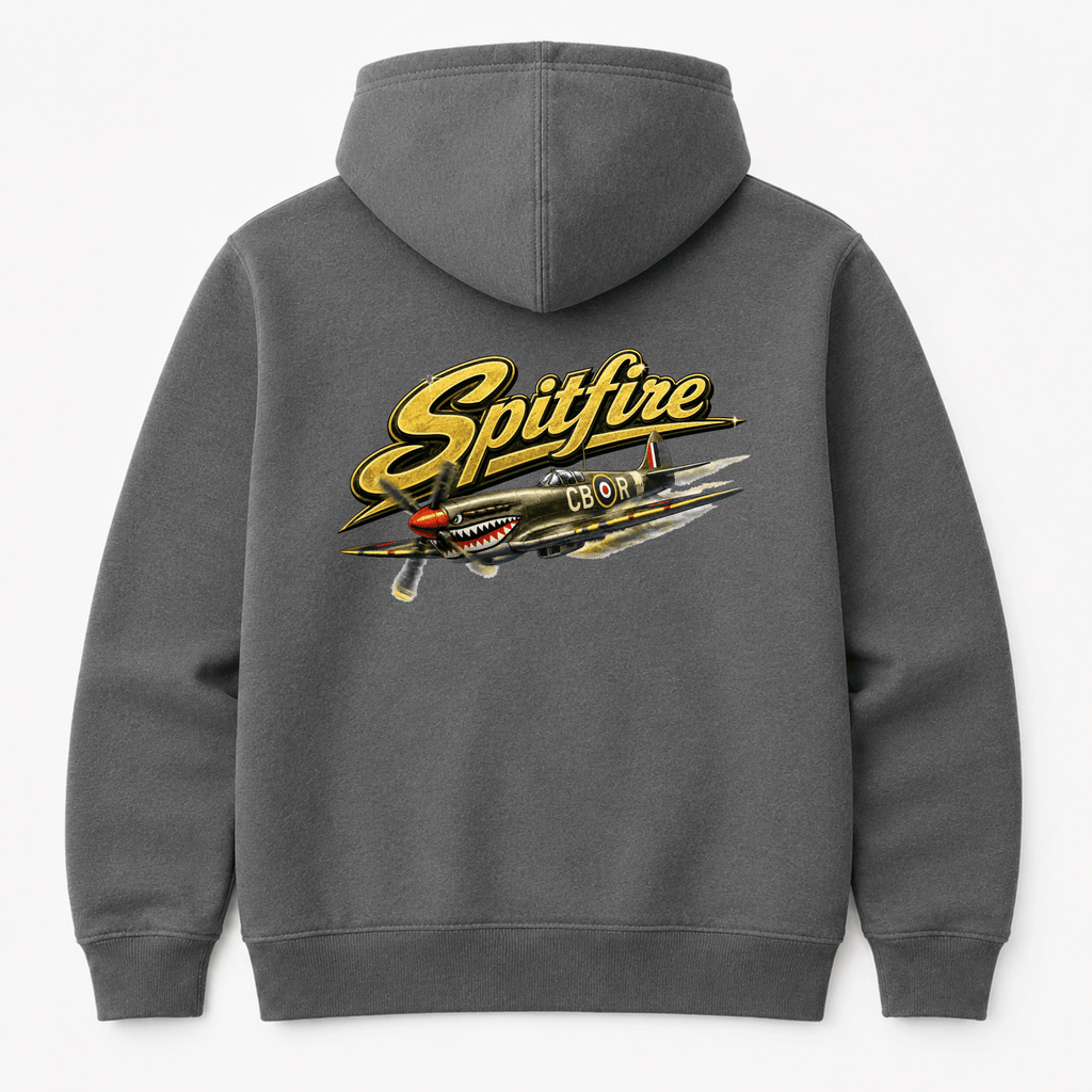 Gray hoodie with Spitfire logo on the back against a white background