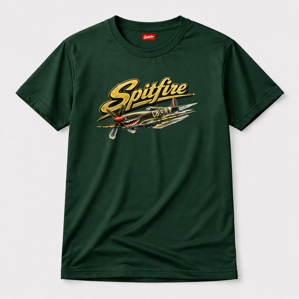 Green t-shirt with 'Spitfire' graphic design on a white background