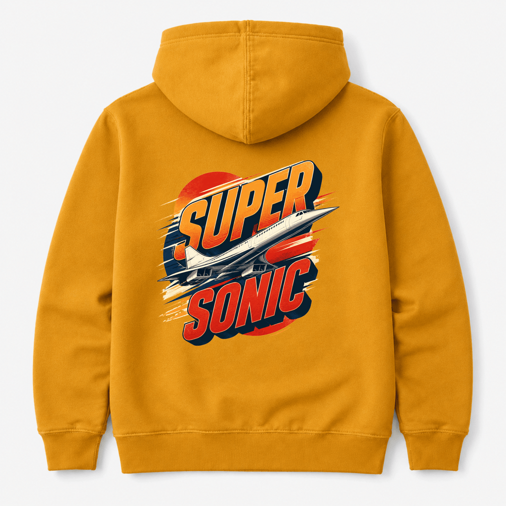 Yellow hoodie with 'Super Sonic' graphic on the back against a white background