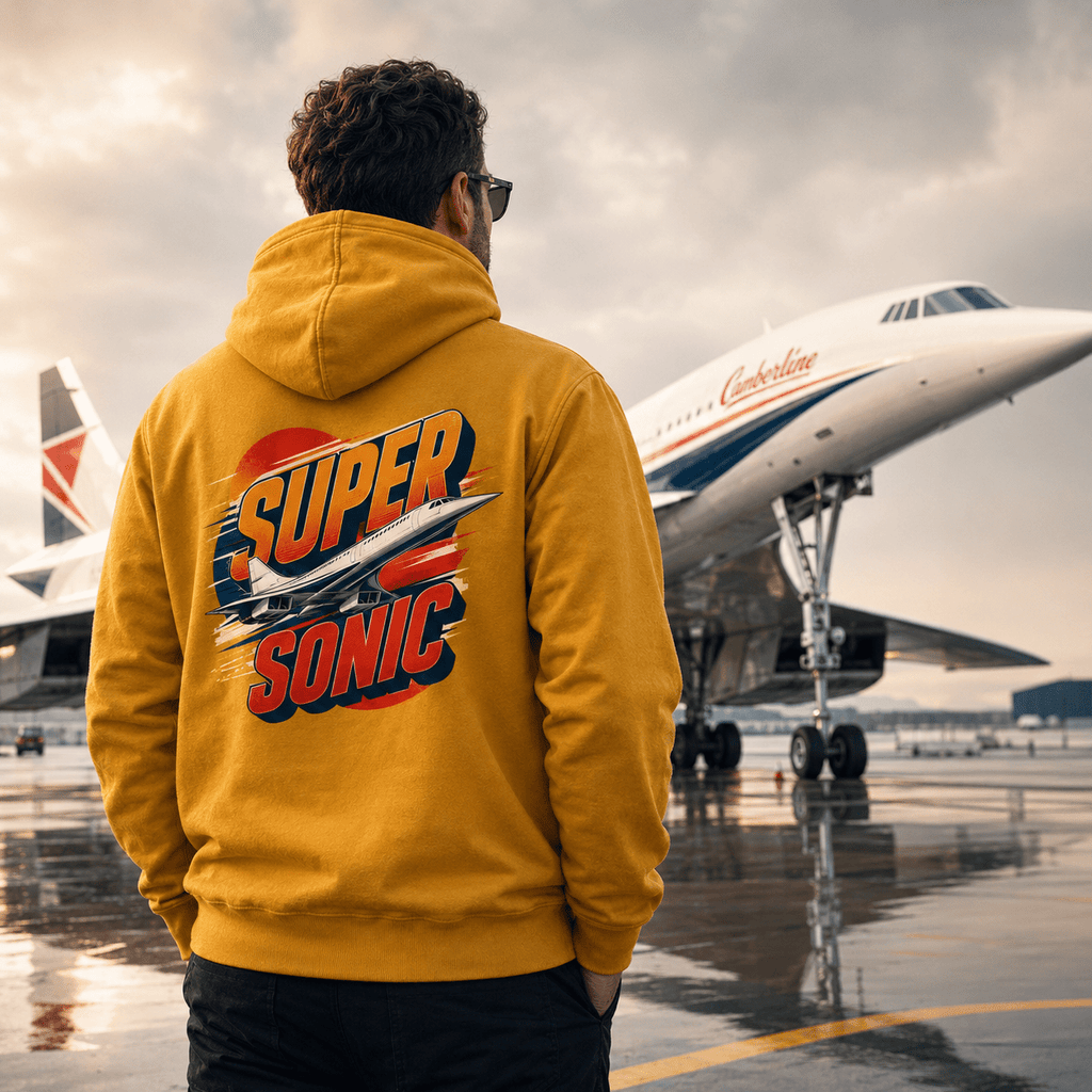 Person wearing a yellow hoodie with 'Super Sonic' design in front of an airplane on a runway.