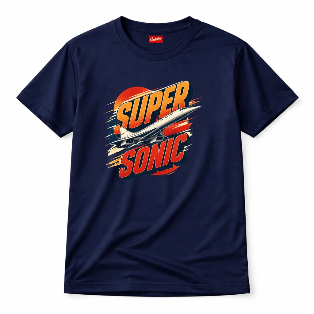 Navy blue t-shirt with 'Super Sonic' graphic design on a white background