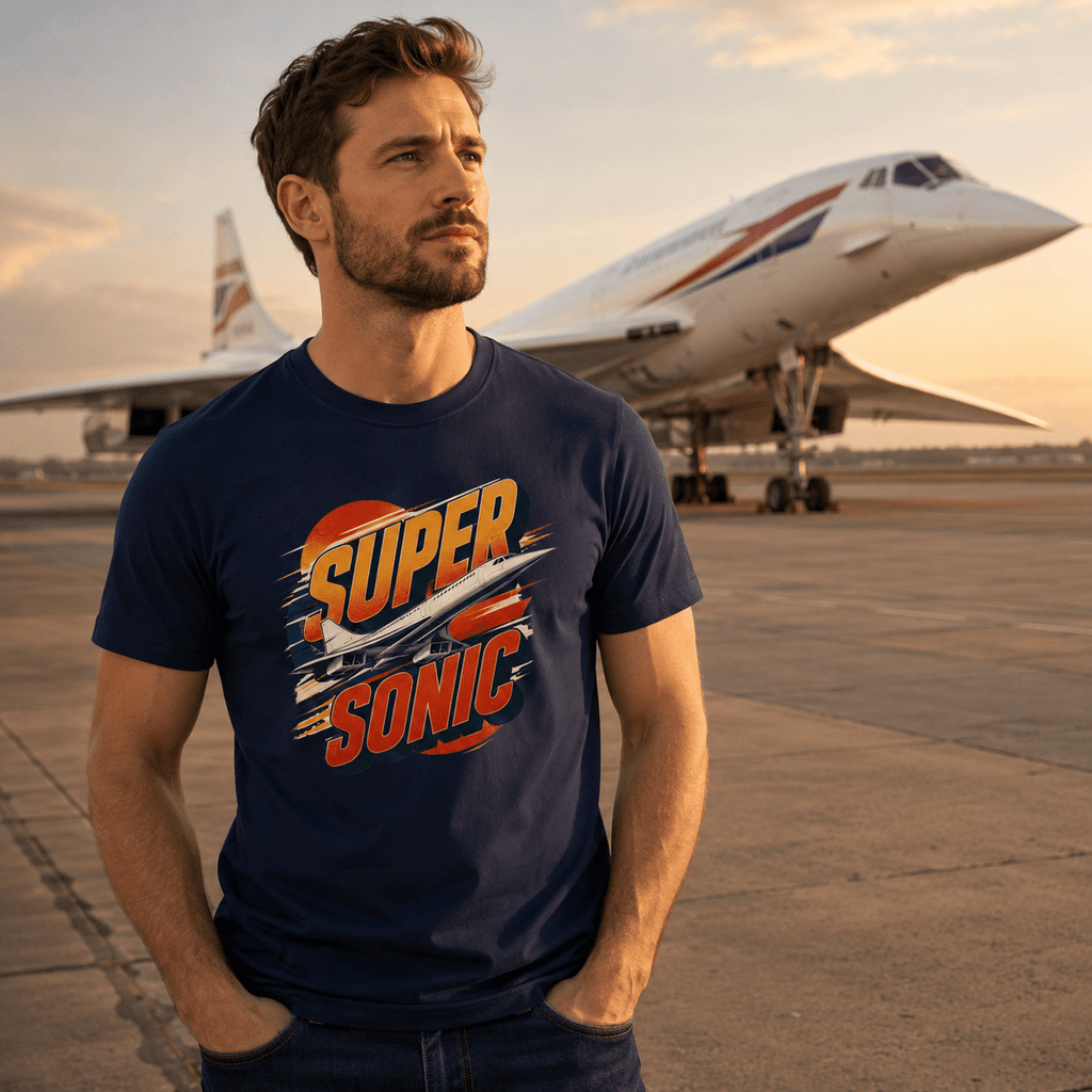 Man wearing a 'Super Sonic' t-shirt with an airplane in the background