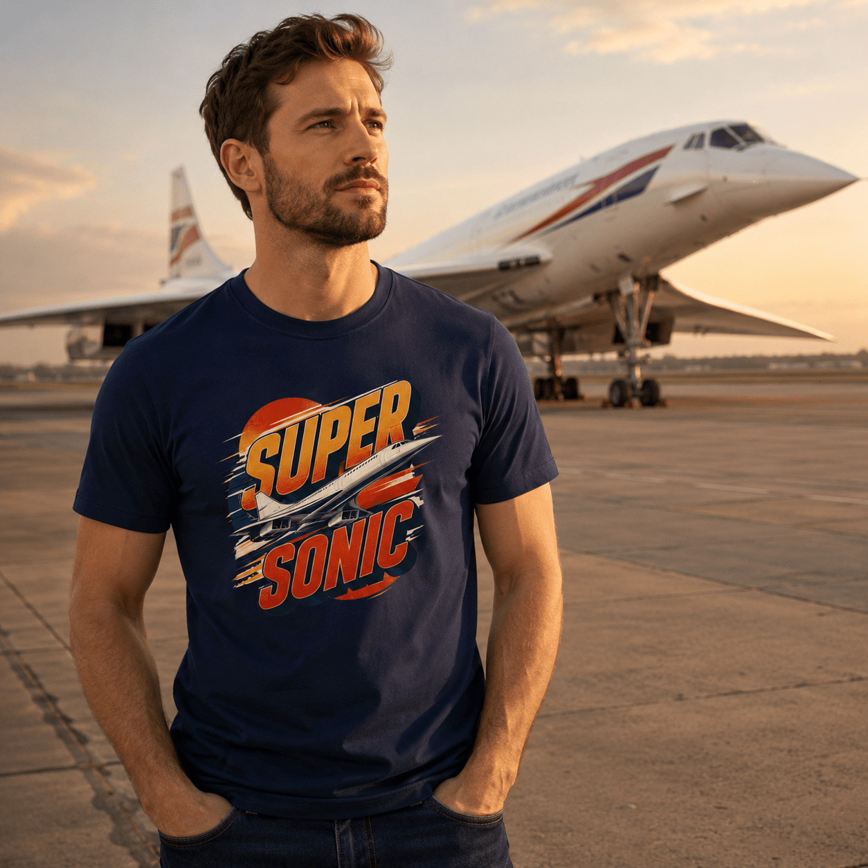 Man wearing a 'Super Sonic' t-shirt with an airplane in the background