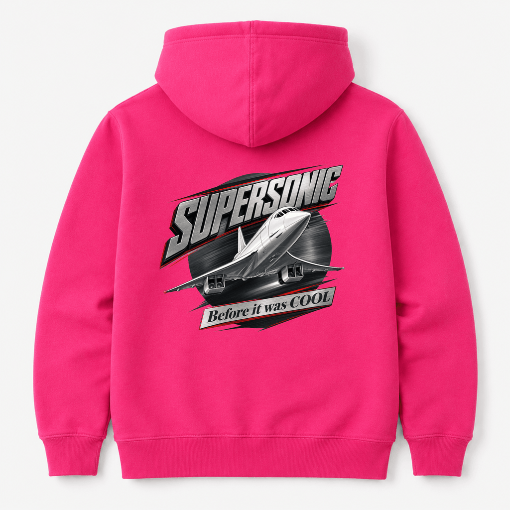 Pink hoodie with 'Supersonic' graphic on the back against a white background