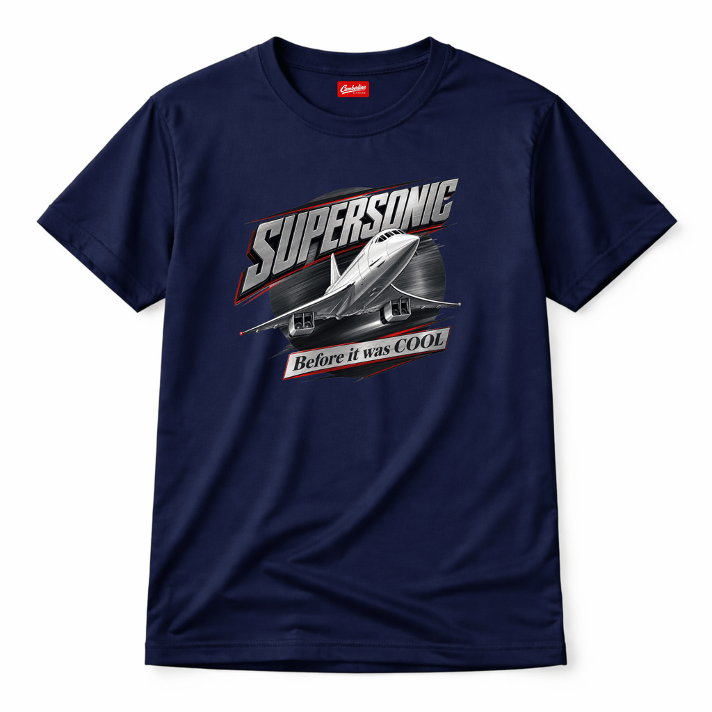 Navy blue t-shirt with supersonic airplane graphic and text on a white background