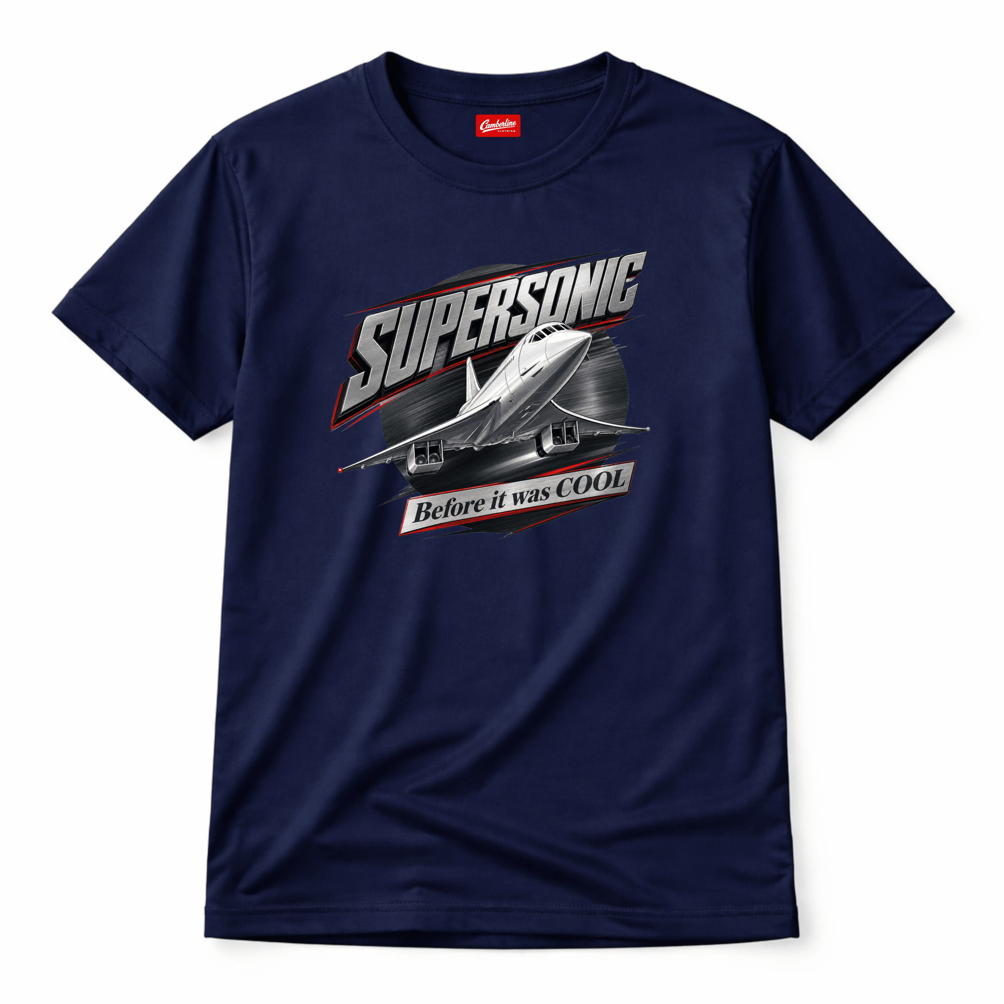 Navy blue t-shirt with supersonic airplane graphic and text on a white background
