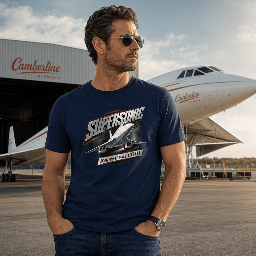 Man wearing a navy blue t-shirt with a space shuttle graphic and text, standing in front of an airplane at an airport.