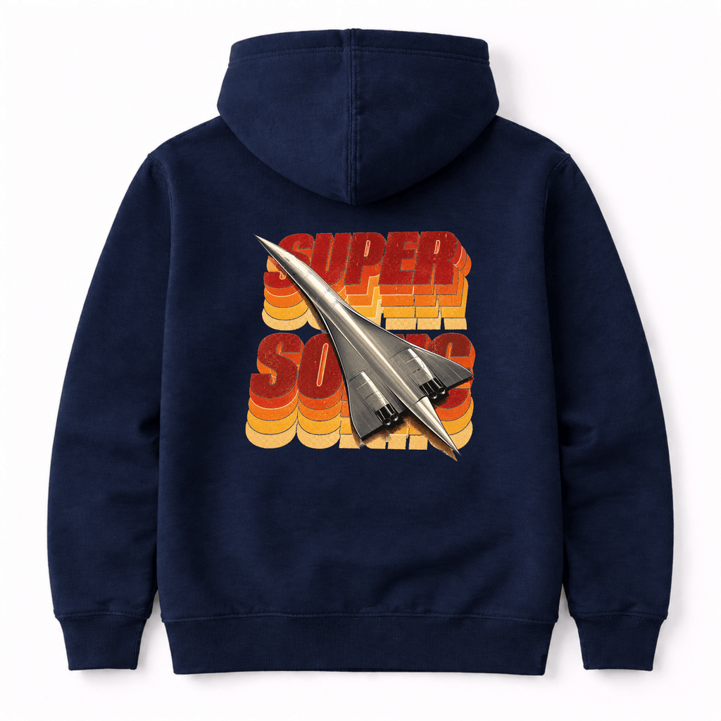 Navy blue hoodie with a retro airplane graphic on the back against a white background