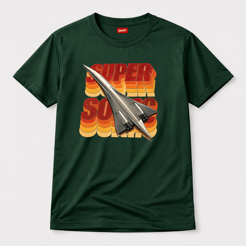 Forest green Camberline t-shirt featuring a supersonic delta jet graphic and aviation typography.