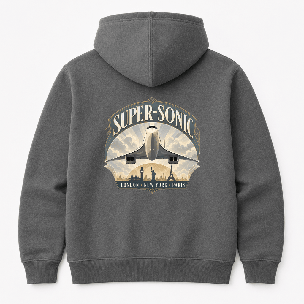 Gray hoodie with a graphic design on the back featuring an airplane and text.