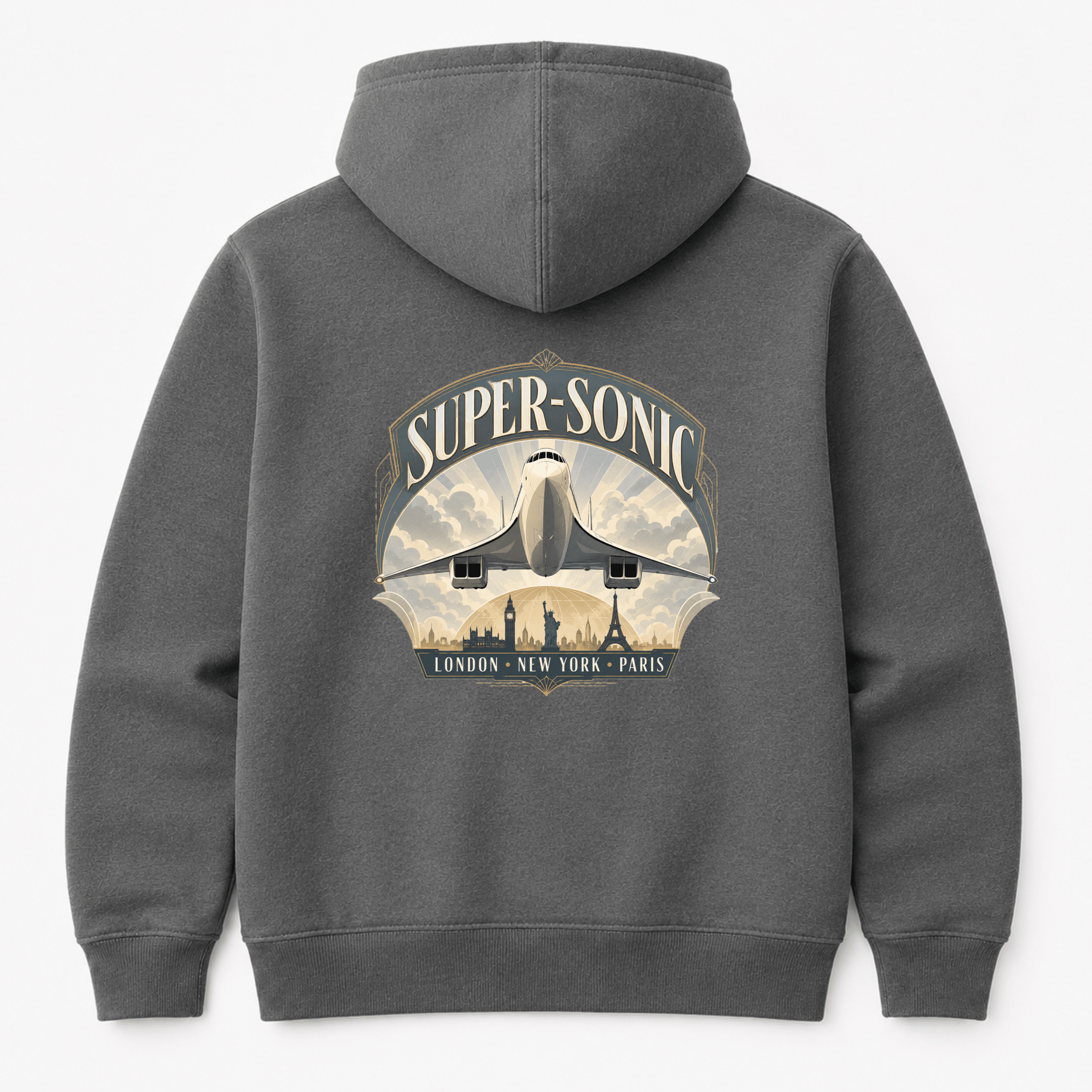Gray hoodie with a graphic design on the back featuring an airplane and text.