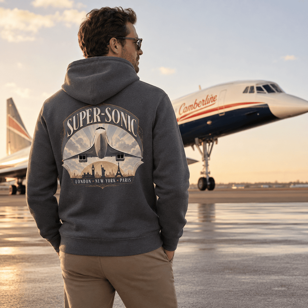Person wearing a hoodie with 'Super-Sonic' design in front of an airplane on a runway.