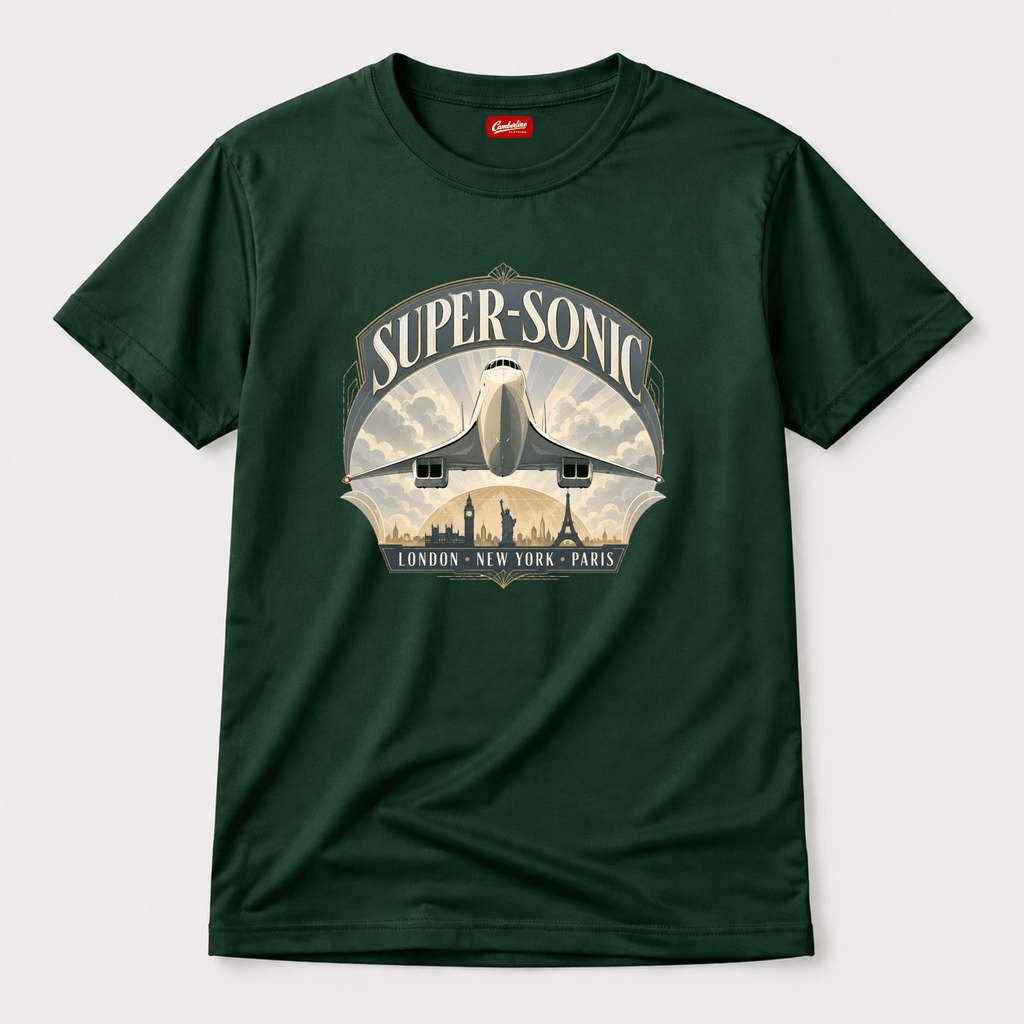 Green t-shirt with 'Super-Sonic' graphic design featuring an airplane and cityscapes on a white background.