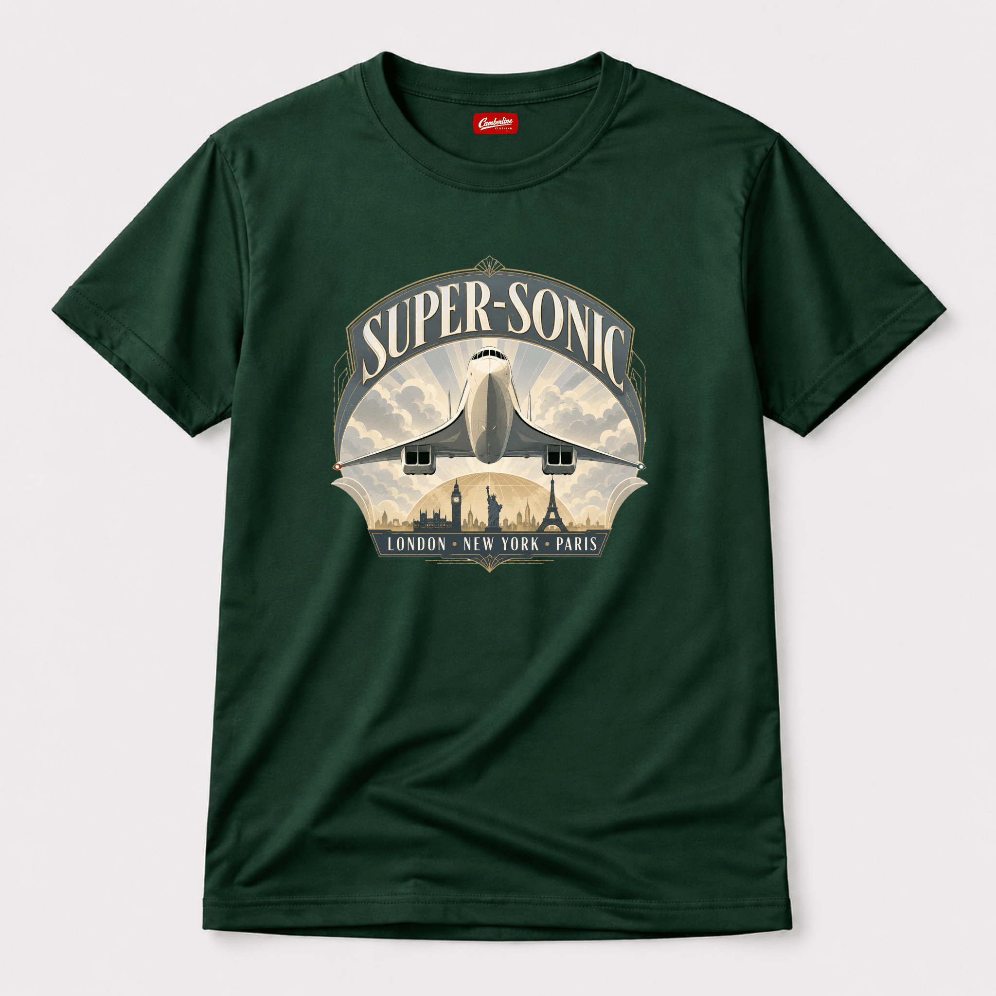 Green t-shirt with 'Super-Sonic' graphic design featuring an airplane and cityscapes on a white background.