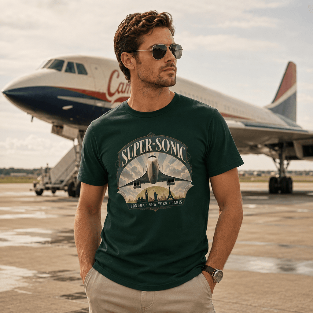 Man wearing a green t-shirt with a graphic design in front of an airplane.