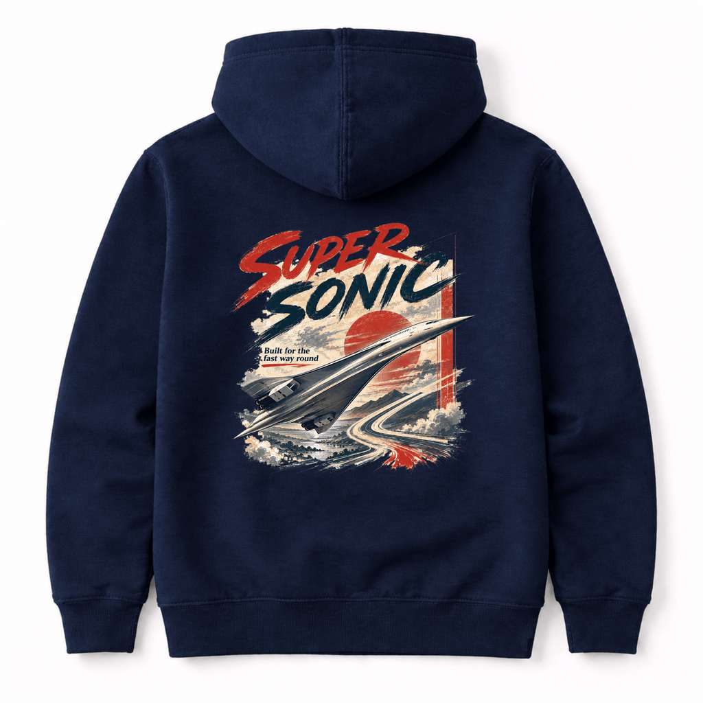 Navy blue hoodie with 'Super Sonic' graphic design on the back against a white background